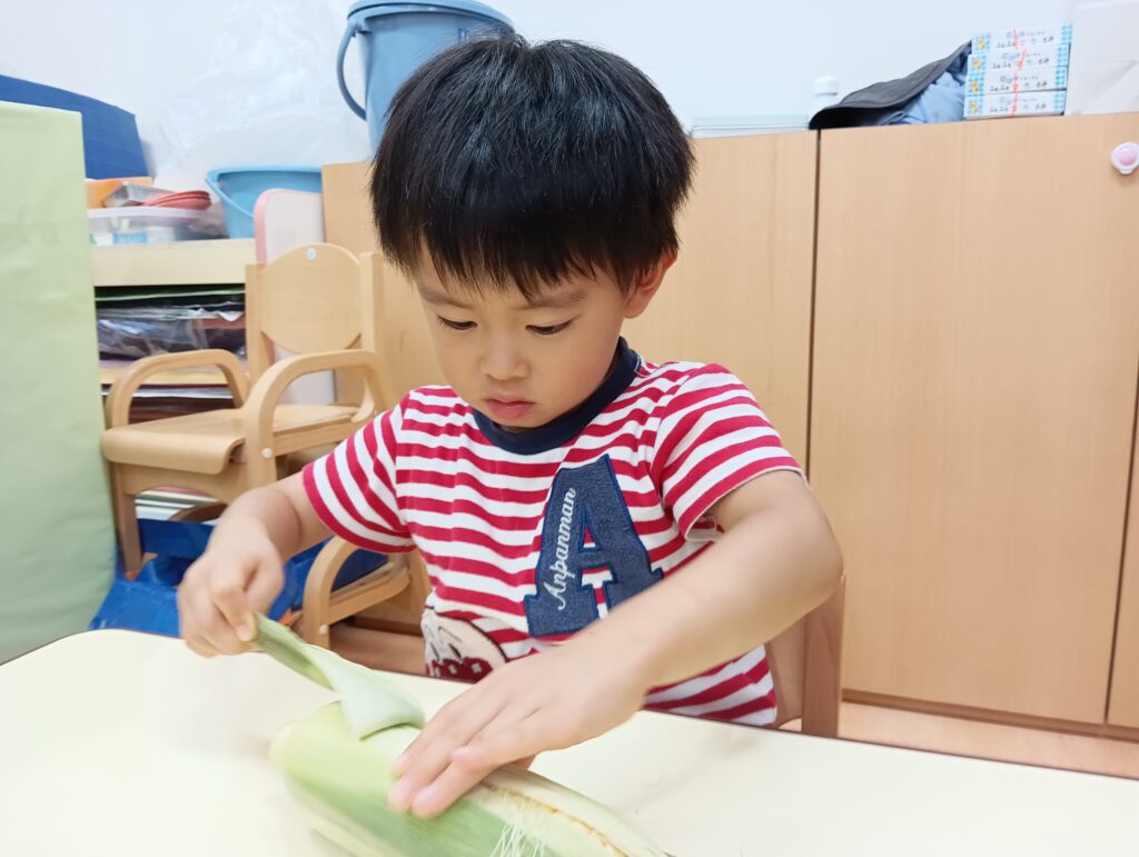 トウモロコシ　とうもろこし 皮むき　お手伝い　食育　大阪　保育園　くじら保育園　海老江　202509-3
