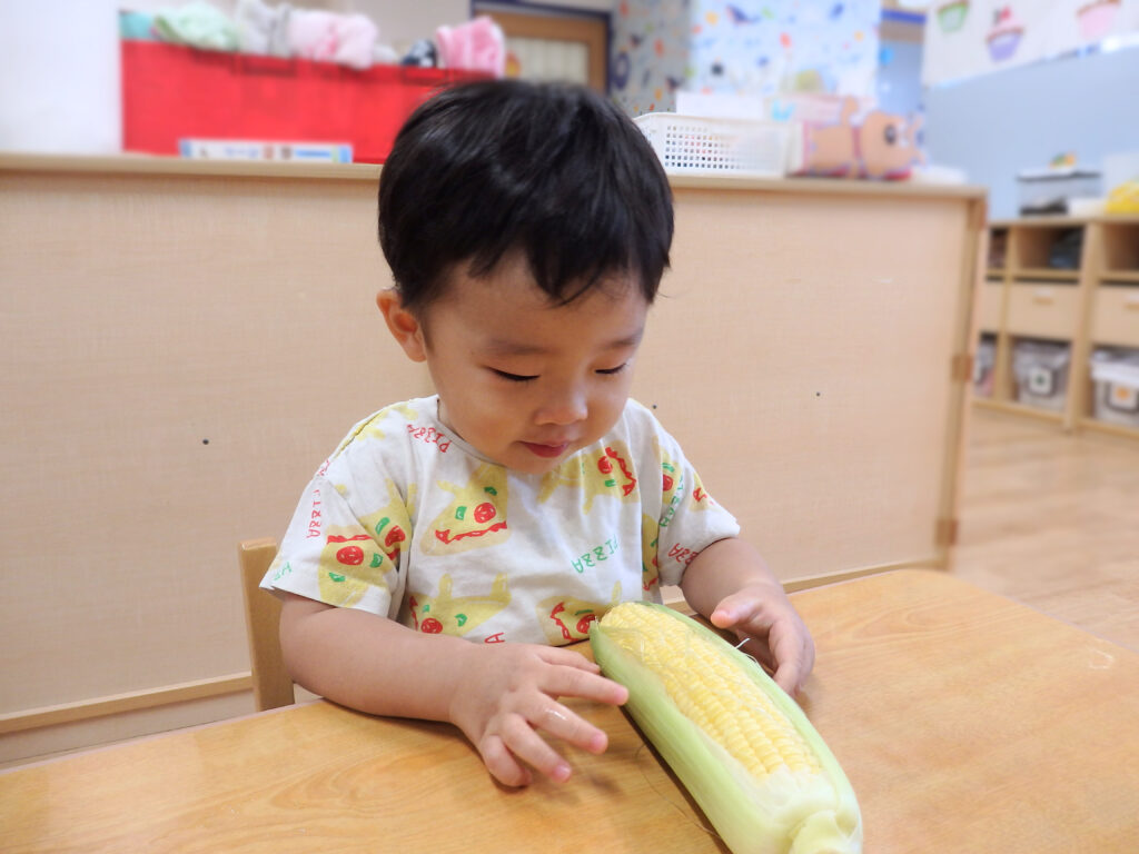 とうもろこし　皮むき　お手伝い　食育　大阪　保育園　くじら保育園　姫島園　西淀川区　202509-2
