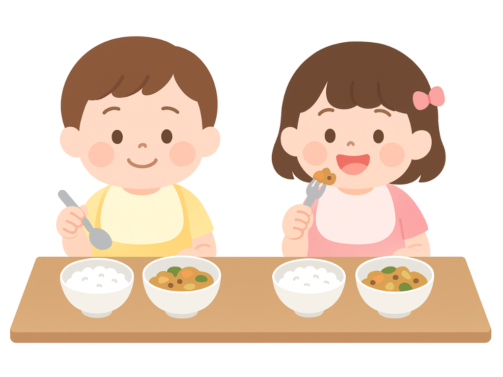 くじら保育園 上新庄園で、自園で調理した給食を食べる園児のイメージ画像