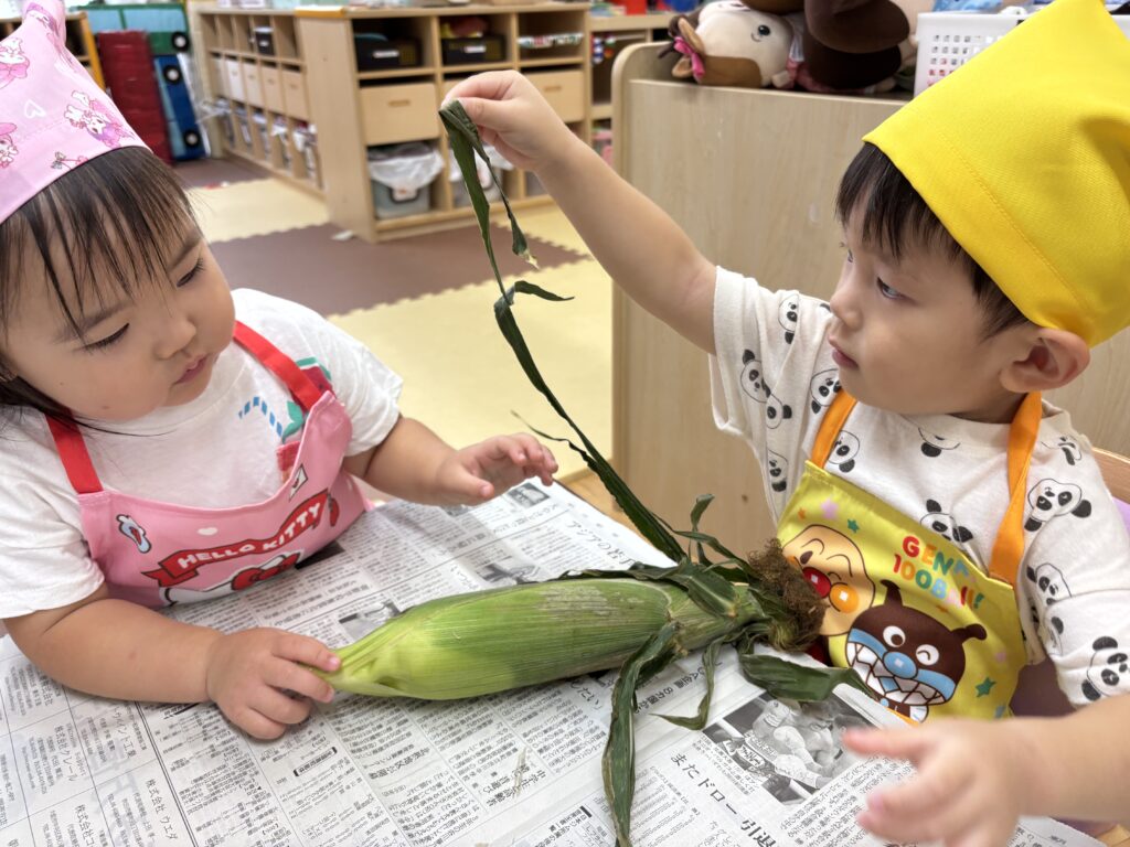とうもろこし 食育 クッキング 皮むき お手伝い おやつ 給食 くじら保育園 大阪 保育園 202508-3
