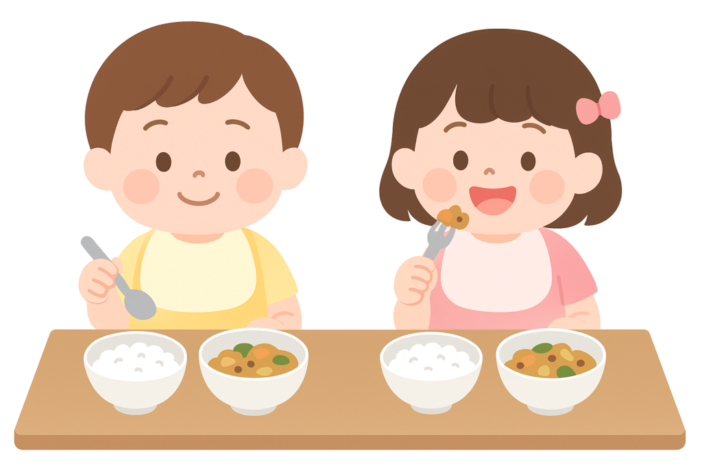 くじら保育園 三国園で、自園で調理した給食を食べる園児のイメージ写真
