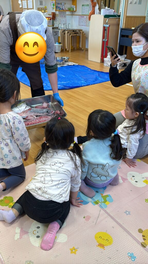 大阪　保育園　くじら保育園　連携園との交流　鰤の解体ショー　20512-2