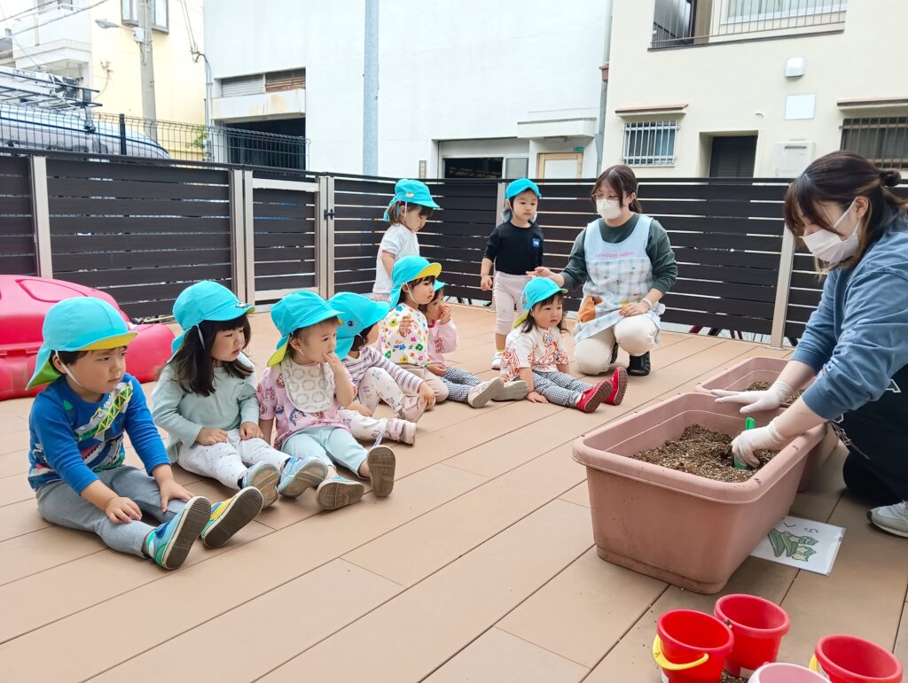 保育園の食育で夏野菜苗植え 大阪 くじら保育園 202605-1