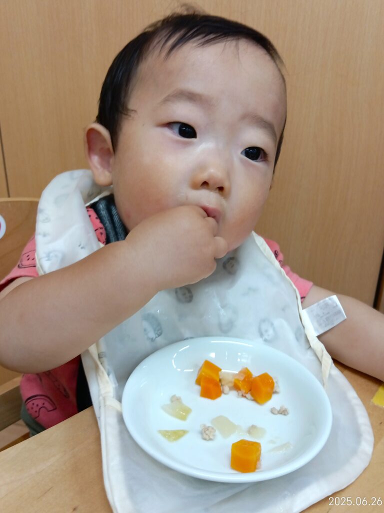 離乳食後期 硬さ 姿勢 離乳食 給食 保育園 自園調理 くじら保育園 吹田市 吹田豊津 202507-1