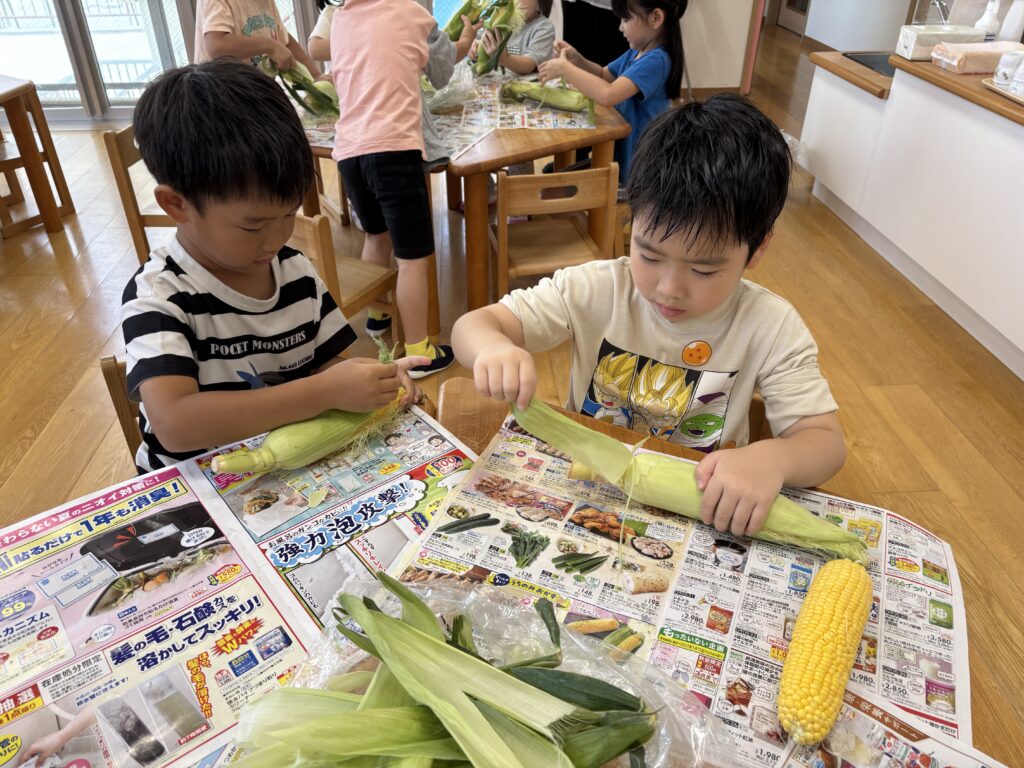 保育園でとうもろこしの皮剥き 食育 大阪 くじら保育園 202608-3