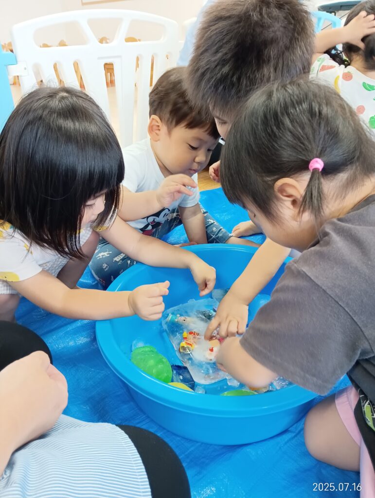 氷 感触遊び 夏 おもちゃ ひんやり 五感 おおぞら保育園 明石 保育園 魚住 202507-4