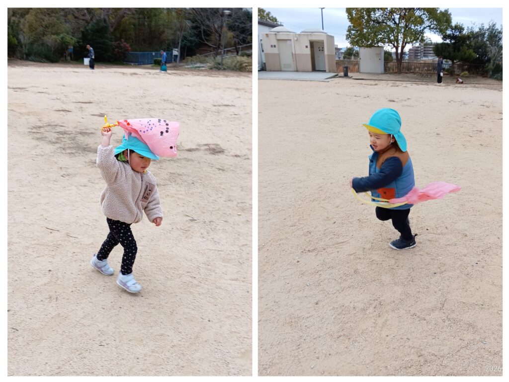 保育園で手作りビニール凧揚げ　明石　保育園　おおぞら保育園　202601-1