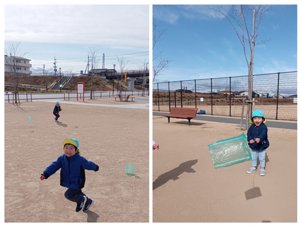 保育園で手作りビニール凧揚げ　明石　保育園　おおぞら保育園　202601-3